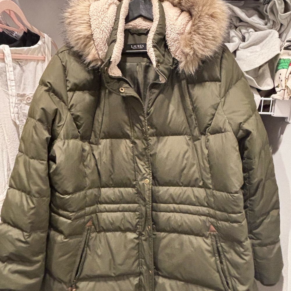 Ralph Lauren Khaki Puffer Coat with Faux Fur Hood